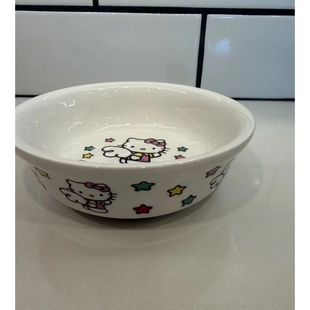 NEW Hello Kitty Ceramic‎ Dog Cat Bowl by Sanrio White With Stars 6